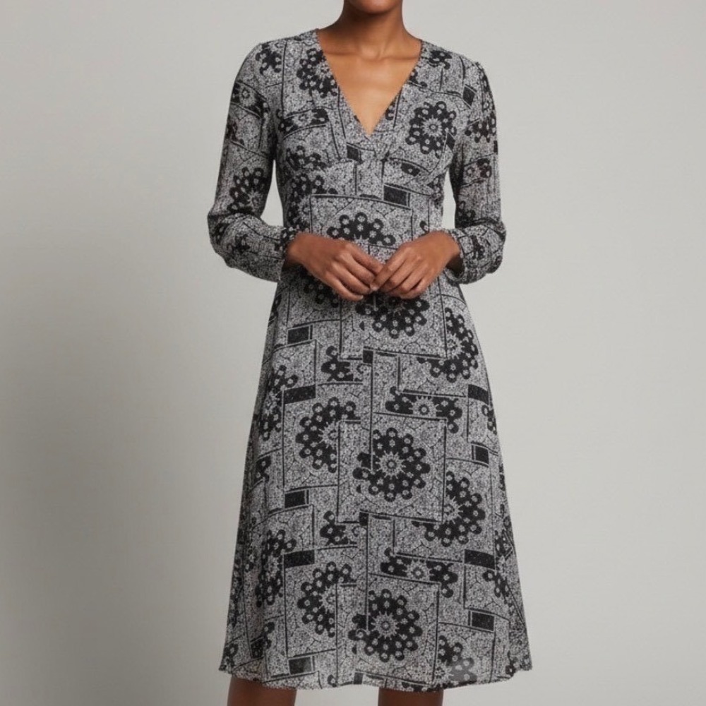 The Kooples Bandana Long Sleeve Midi Dress Boho Retro Career Office